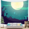 Halloween wall tapestry featuring a full moon and pumpkins over a living room sofa - Cyan Pumpkin Moon (Pattern 12)