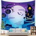Halloween wandkleed met pompoen, kasteel en zwarte kat op een paarse achtergrond - 150x100(Perzikhuid) / Paars Kasteel (2)