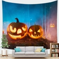 Halloween wall tapestry featuring glowing Jack-o'-lanterns in a deep blue dark forest - Style 6 / Peach Skin