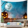 Arazzo di Halloween con zucche luminose e pipistrelli su uno sfondo blu intenso - Stile 11
