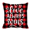Red and black buffalo plaid pillow cover with LOVE ALWAYS WINS print and white hearts - Love Always Wins Style (30)
