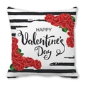 Valentine's Day cushion cover with red roses, black stripes, and Happy Valentine's Day text - Striped Diagonal Rose (17) / 45x45cm