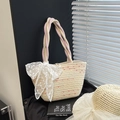 Sac cabas en paille avec des touches colorées et un grand nœud en dentelle blanche - Avec Chapeau / Blanc Crème Petit
