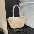 Sac de plage en paille tissé coloré avec nœud en dentelle et poignées en corde bicolore pour l'été - Avec Chapeau / Beige - Grand