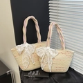 Grands et petits sacs de plage en paille tissée avec nœuds en dentelle et anses colorées - Petite Taille Sans Foulard / Blanc Cassé