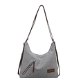 Gray and white herringbone woven shoulder bag with dark brown straps and zipper detail - Gray