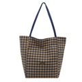 Grote draagtas met blauw-geel ruitpatroon met handgemaakt label en blauwe hengsels - Standaardtype / Bruin