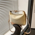 Minimalist beige pleated handbag with brown leather trim and adjustable shoulder strap - Beige