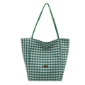 Groen-wit geruite canvas draagtas met groene riemen en bruin handgemaakt label - Standaardtype / Groen