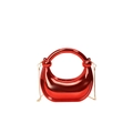 Glossy red metallic dumpling bag with round handle and gold chain strap - Red