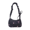 Borsa a mano in denim blu con stampe floreali rosa e tracolla con arricciatura - Nero