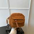 Brown corduroy crossbody bag with woven zipper pull and adjustable strap for women - Brown