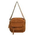 Brown corduroy square crossbody bag with front pocket and adjustable strap on white background - Brown