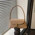 Bolso de hombro minimalista de cuero beige con cierre metálico dorado para mujer - Caqui