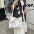 White tote bag with black bow embroidery and twisted straps including cloud charm - With Plush Cloud Pendant Style / White