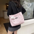 Pale pink quilted tote bag with black bow embroidery and woven shoulder strap - With Plush Cloud Pendant Style / Pink