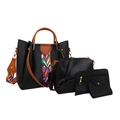 4-teiliges schwarzes PU-Leder Taschenset mit ethnischem Gurt und goldenen Details - Schwarz