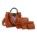 Braunes 4-teiliges Eimertaschen-Set aus hochwertigem PU-Leder mit gemusterten Trägern - Braun