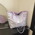 Borsa tote etnica viola con motivi geometrici e finitura satinata riflettente - Stile di base / Viola Chiaro