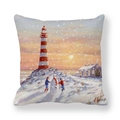Winter Farm Kissenbezug mit Leuchtturm Schneeszene und Kindern die Schneemann bauen - 45x45cm / Leuchtturm und Schneemann im Schnee (12)