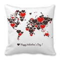 White pillowcase featuring a world map made of hearts with Happy Valentine's Day text - Heart Puzzle World Map (Style H)
