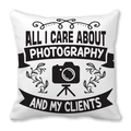 Funda de cojín blanca con diseño de cámara y frase de fotografía para profesionales - 45x45 cm / Todo lo que me importa la Fotografía (10)