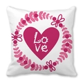 Square peach skin pillowcase with red heart LOVE text and pink floral wreath design - 45x45cm / Wreath Heart Style (8)