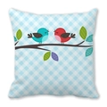 Blue plaid peach skin pillowcase with cute cartoon birds on a branch illustration - 18x18 Inch / Blue Plaid Birds (4)