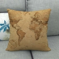 Vintage world map printed cushion cover on gray sofa, rustic linen blend texture - Vintage Nautical Map Compass Style 7