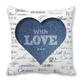 White square cushion cover with a blue denim-textured heart and 'With LOVE' art text - Denim Texture Blue Heart Multilingual Style (13)