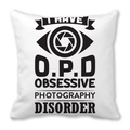 Funda de cojín para fotógrafos con frase divertida OPD y gráfico de apertura cámara - 45x45 cm / Trastorno Obsesivo por la Fotografía (18)