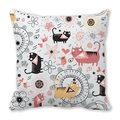 Kissenbezug aus Pfirsichhaut mit niedlichen Cartoon-Katzen und Blumen in Rosa und Gelb - 45x45 cm / Weiße Heilkatzen (9)