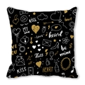 Square black peach skin pillowcase with gold and white Valentine doodle prints - Black Gold Romantic Graffiti KISS (18)