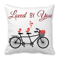 White heart pillowcase featuring loved by you text and birds on a tandem bike - Loved By You Plaid Bicycle Style