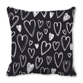 Square pillowcase with white hand-drawn heart patterns on a black minimalist background - Black White Graffiti Heart (25)