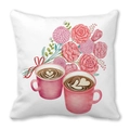 Pink Valentine heart coffee mug and floral bouquet printed on white square pillowcase - Pink Cup And Bouquet