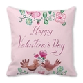 Pink peach skin velvet pillowcase with watercolor birds and Happy Valentine's Day text - Hand Drawn Birds Happy Valentine's Day
