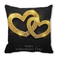 Black square cushion cover with gold sparkling hearts and Happy Valentine's Day text - Double Gold Sequin Heart Style (10)
