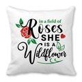 White square pillowcase featuring red roses and She Is A Wildflower floral typography - Wildflower Like Roses (29)