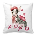 Pink Chihuahua pillowcase with watercolor art, red beret and XOXO text on white background - 45x45cm / Chihuahua Illustration XOXO