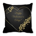 Black peach skin pillow cover with golden heart and Happy Valentine's Day text - Gold Vine Big Heart Style (15)