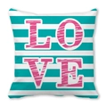 Funda de cojín a rayas azules y blancas con estampado LOVE rosa en piel de melocotón - Diseño LOVE de Rayas Azules (15) / 45x45cm