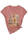 Detail of V-neck short sleeve T-shirt with vintage floral stamp print and hem knot - Rose Gold