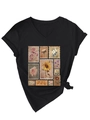 Detail of vintage flower stamp print and front knot hem on black V-neck cotton T-shirt - Black