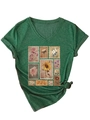 Detail of the V-neckline and vintage floral stamp print on this dark green t-shirt - Vintage Green