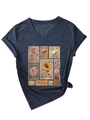 Detail of vintage floral stamp print and rolled sleeves on dark blue V-neck T-shirt - Navy Blue