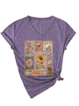 Detail of purple V-neck T-shirt showing vintage floral stamps and soft knit texture - Purple