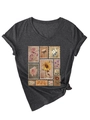 Detail of V-neck dark grey T-shirt with vintage floral stamp prints and knotted hem - Black Heather Grey