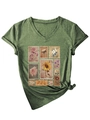 Detail of vintage flower stamp print and knotted hem on a green V-neck T-shirt - Olive Green
