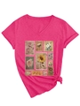 Detail showing hot pink V-neck T-shirt with vintage floral stamp prints and side knot design - Rose Red